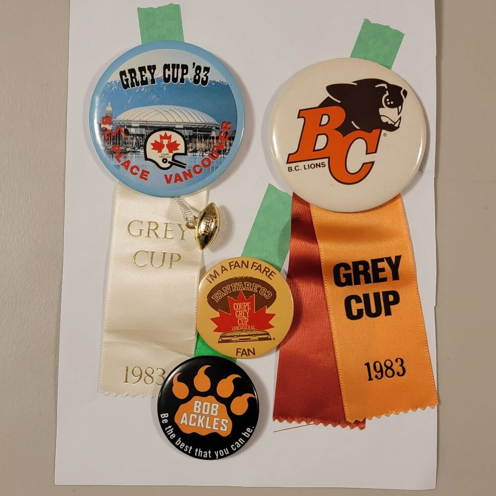 CFL Three 1983 Grey Cup Buttons & Bob Ackles Button CFL British Columbia Lions